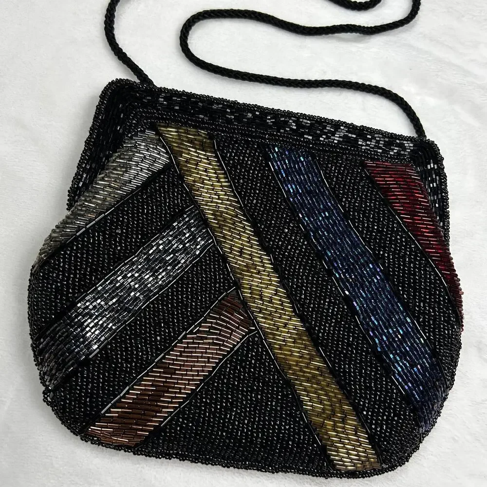 Vintage Beaded Evening Bag Black Rainbow Shoulder Purse Garfinckel's Pocketbook